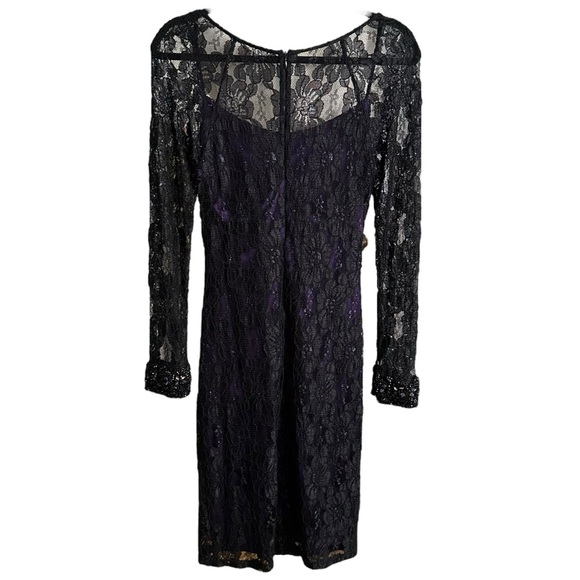 DAVID MEISTER Black Lace Cocktail Dress Beaded Cuffs, Purple Lining Size 6 - Picture 11 of 16